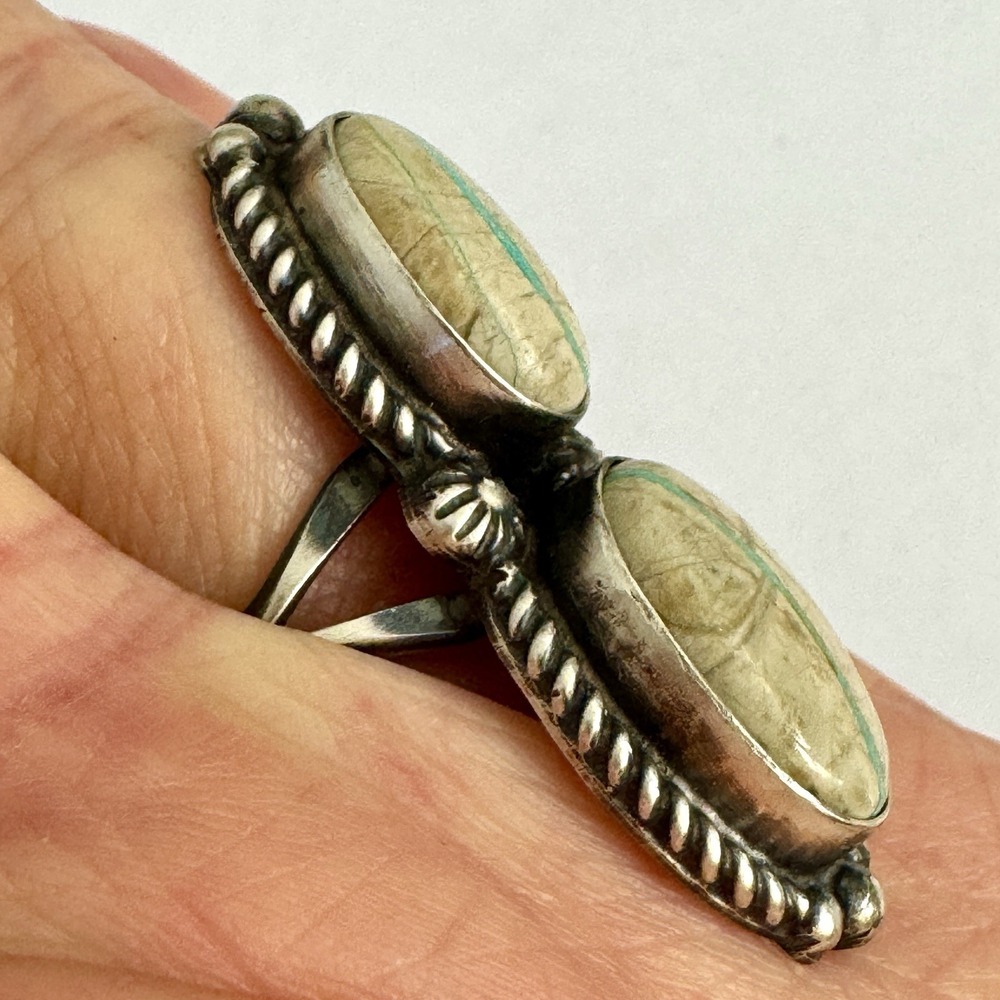 Navajo Ribbon Turquoise Ring 2 Stone Size 7 Signed R Shakey Long Sterling - Picture 4 of 7
